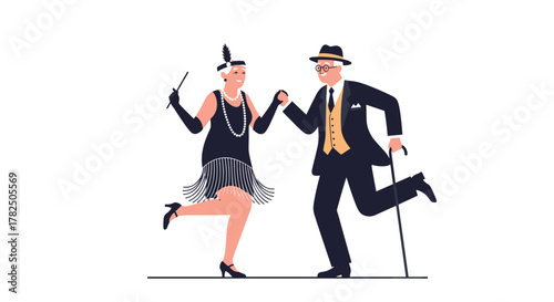 Elegant couple dressed in 1920s fashion dancing joyfully together.