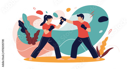 A man and woman practicing martial arts in a vibrant abstract setting.