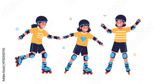 Three active children wearing protective gear roller skating outdoors on a bright sunny day