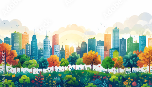 City skyline with trees and autumn foliage