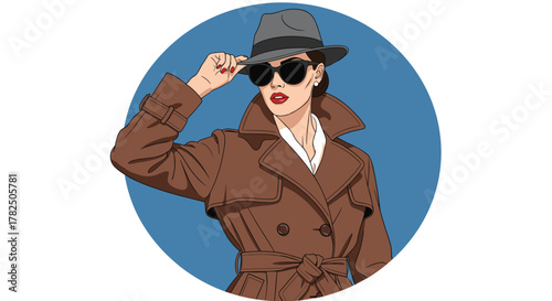 A stylish woman in a trench coat and hat looking mysterious and intriguing.