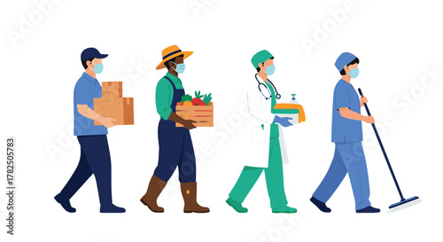 Essential workers in uniform walking carrying their tools and goods.