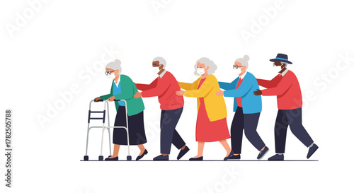 A line of elderly individuals walking in a single file line while wearing face masks