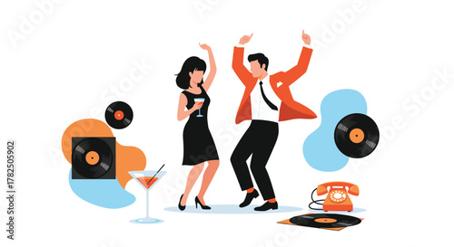 A couple dancing at a retro party with vinyl records and a rotary phone present.