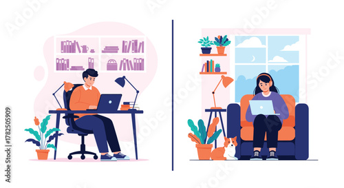 Digital lifestyle illustration of people working and studying from home remotely.