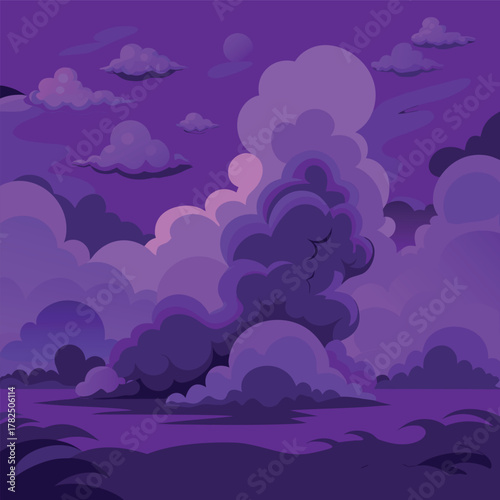 Mystical night landscape with glowing purple clouds, dark silhouettes of trees, and a dreamy fantasy sky — vector illustration, flat style, soft gradient
