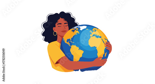 A woman with her eyes closed gently embraces the planet earth showing her love and care for our world.