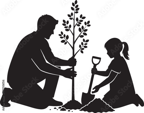 Environmental Care: Father and Daughter Planting a Seedling Tree

Black Silhouette of Family Gardening and Reforestation Activity

Teaching Sustainability: Parent and Child Shoveling Earth to Plant
