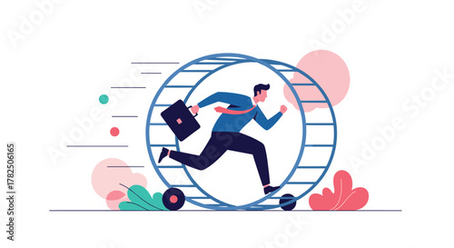 A businessman running on a hamster wheel representing the daily grind and busy work life.