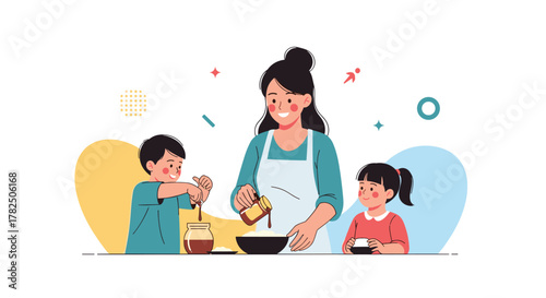 A mother and two children happily preparing food together in the kitchen.