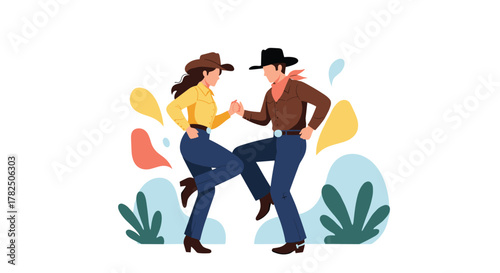 A couple dressed as cowboys dancing a lively western two-step.