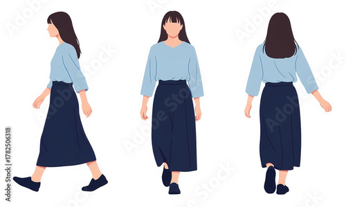 Young woman in a light blue blouse and long dark skirt shown in three views: side walking, front, and back, for modest or professional fashion.