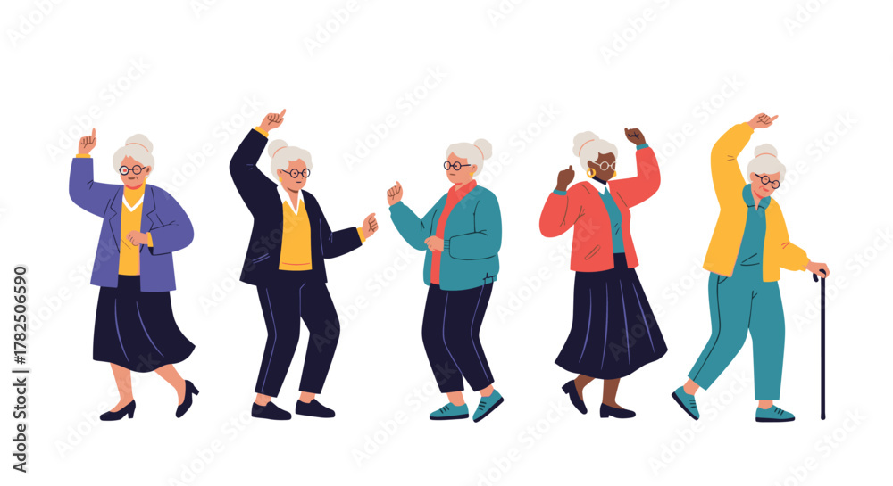 Fototapeta premium Five animated older women dancing energetically and happily on a white background.