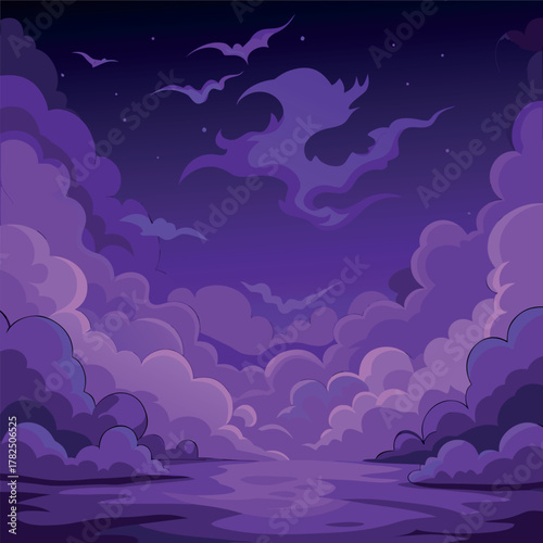 Mystical night landscape with glowing purple clouds, dark silhouettes of trees, and a dreamy fantasy sky — vector illustration, flat style, soft gradient
