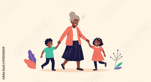 A grandmother happily walks hand in hand with her two grandchildren.