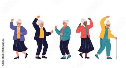 Five animated older women dancing energetically and happily on a white background.