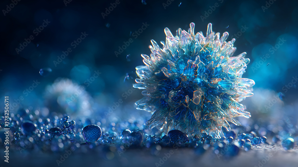 Fototapeta premium Stunning microscopic view of a vibrant blue virus particle with intricate crystalline structures and floating droplets for science and health themes