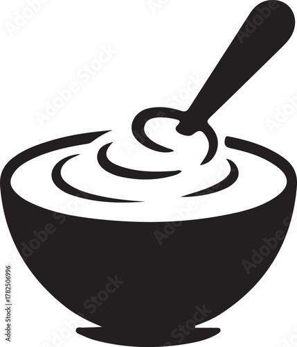 Graphic design of a spoon stirring food in a bowl.