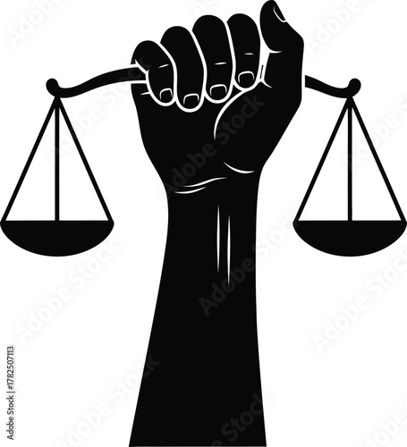 Black silhouette of a raised fist holding the scales of justice symbolizing equality and fairness isolated on transparent background
