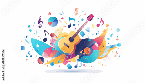 Acoustic guitar with musical notes and shapes with transparent background