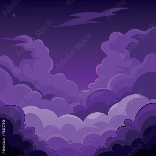 Mystical night landscape with glowing purple clouds, dark silhouettes of trees, and a dreamy fantasy sky — vector illustration, flat style, soft gradient