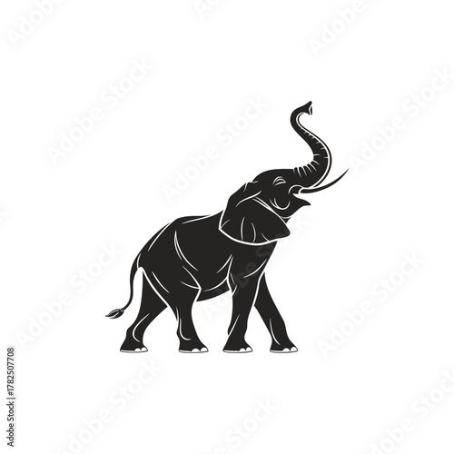 Black Elephant Silhouette with Raised Trunk Isolated on White Background