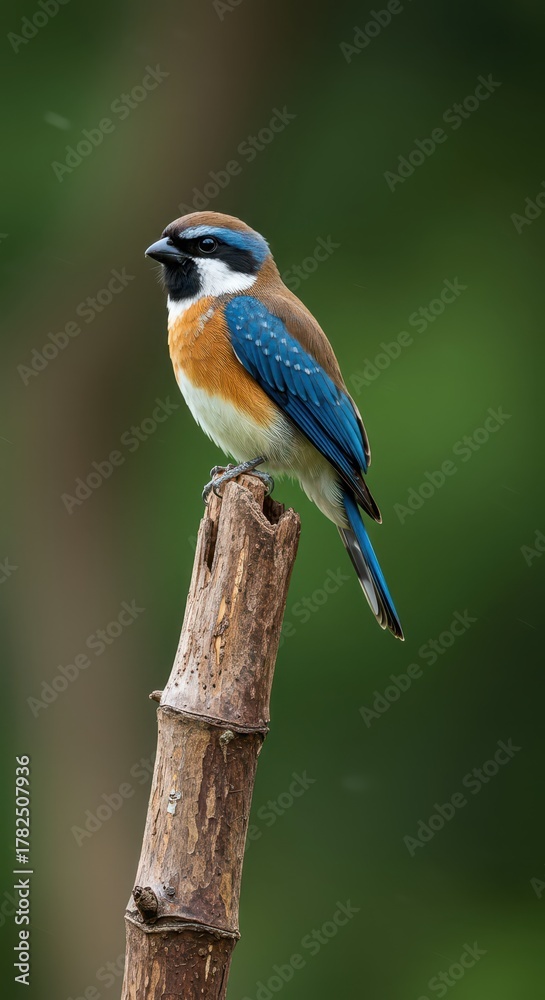Fototapeta premium Small passerine avian creature with vibrant blue and orange plumage perched upon a broken wooden stalk