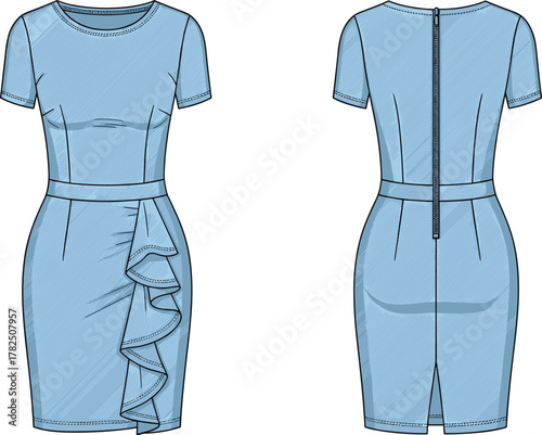 Fitted dress illustration, short sleeves, round neckline, cascading ruffle, waistband detail, fashion sketch, garment construction, front and back view, vector template
