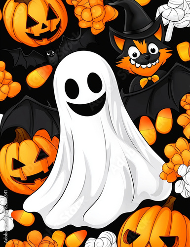 Cute cartoon Halloween characters including friendly ghost, pumpkins, bats, and playful fox create festive atmosphere. vibrant colors evoke joy and excitement for holiday