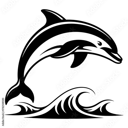 Stylized black and white graphic of a dolphin gracefully leaping over a cresting ocean wave, embodying freedom, marine life, and aquatic motion.