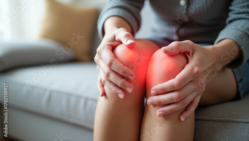 red sore knee holds with hands