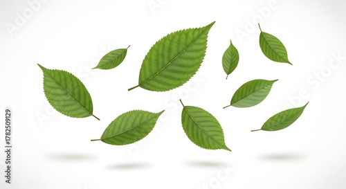 Floating green leaves create a calming and refreshing natural element on white.