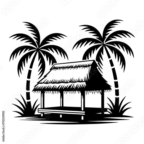 Tropical beach hut with a thatched roof nestled between two towering palm trees, an idyllic island getaway silhouette vector illustration
