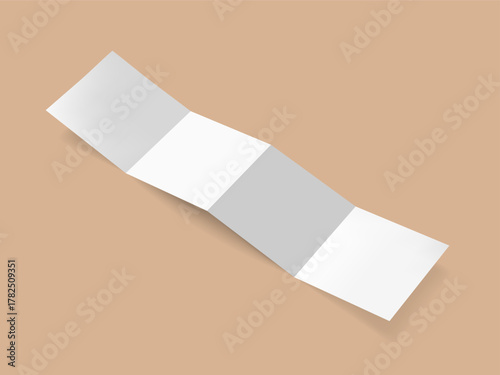 4 Fold Accordion Brochure Mockup. Vector white blank square four panel accordion fold opened on white background. Concertina fold, leaflet, brochure, booklet, flyer or invitation card mockup. 