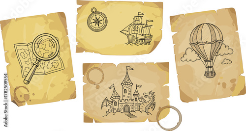 Adventure icon vector set—aged parchment with map, compass, balloon, ship, and dragon castle for fantasy and exploration compositions