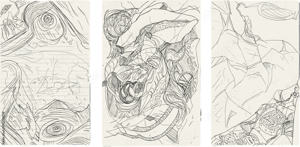 Fototapeta premium Abstract sketch icon vector set—spiral, anatomical, and floating forms with musical and cosmic motifs for conceptual compositions