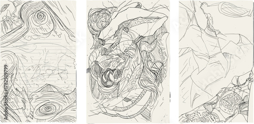 Abstract sketch icon vector set—spiral, anatomical, and floating forms with musical and cosmic motifs for conceptual compositions 