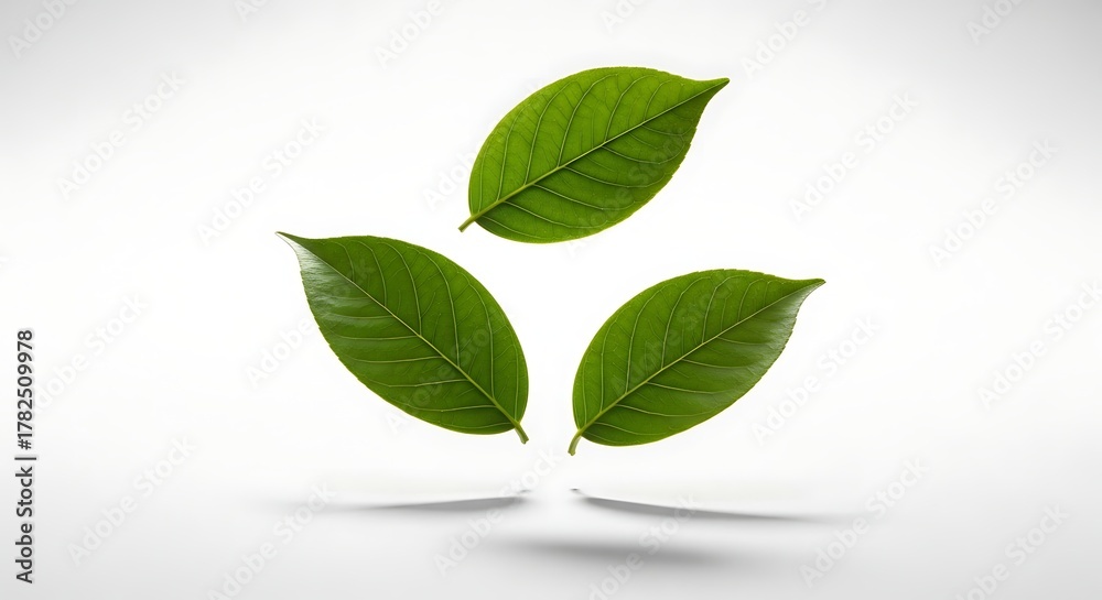 Fototapeta premium Three vibrant green leaves artfully float in a minimalist composition over white.