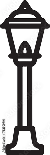 Classic black silhouette vector icon of a vintage outdoor street lamp, lamppost, or streetlight providing illumination in urban setting. isolated on white background, Vector, illustration
