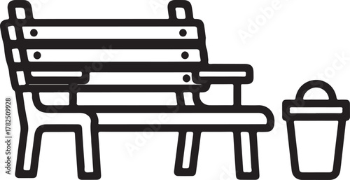 Line art icon of a park bench and a trash can, depicting public seating, relaxation, and waste management elements in outdoor park areas isolated on white background, Vector, illustration