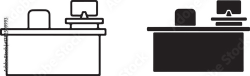 Professional office desk with computer and ergonomic chair, presented as a clear line art and solid glyph icon for diverse digital workspace use isolated on white background, Vector, illustration