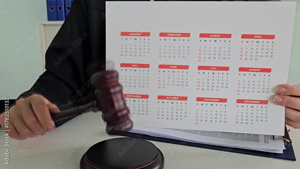 Judge shows calendar while preparing for court session on important legal dates and deadlines ...