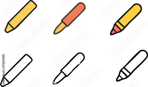 Set of colorful writing and drawing tool icons.