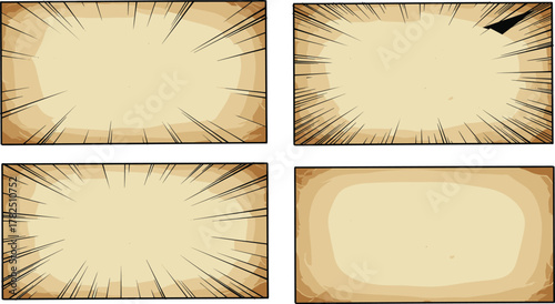 Comic panel icon vector set—radial burst templates with beige backgrounds and brown borders for dynamic storytelling compositions
