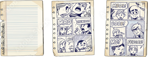 Comic notebook paper icon vector—lined sheet and manga-style panels with expressive characters for storytelling and journaling compositions