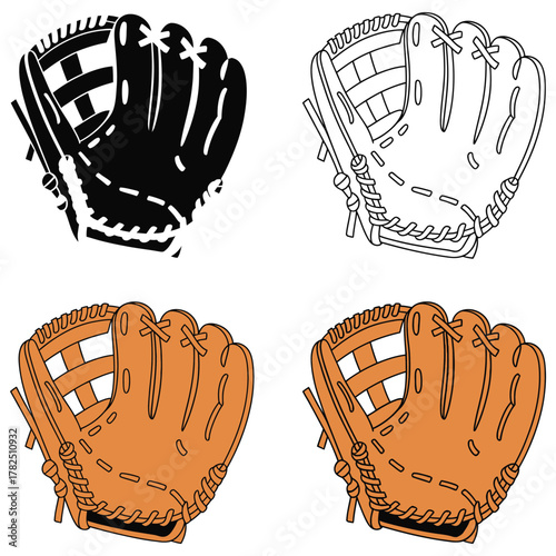 Baseball glove clipart set outline silhouette and colored versions