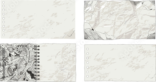 Mixed paper icon vector set—crumpled, illustrated, spiral-bound, and annotated sheets for creative, technical, and artistic compositions