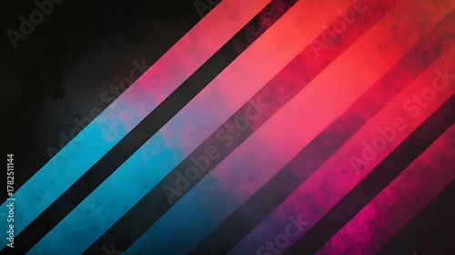 Diagonal colorful stripes display a vibrant gradient over a dark, textured background