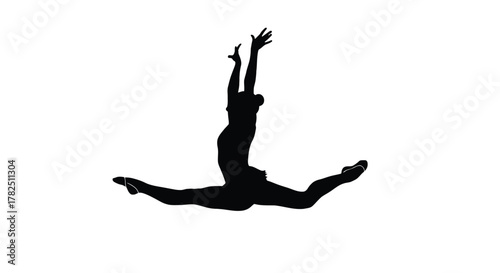Silhouette of a gymnast performing a split leap with arms raised, showcasing flexibility and grace