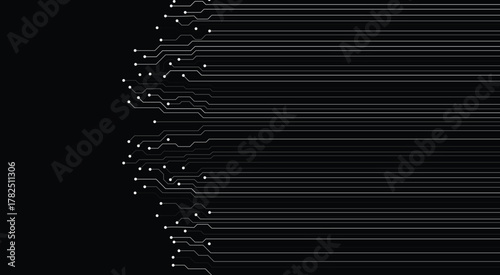 Circuit board on technology black background. Abstract digital tech bg. Electronics and computer technology concept. Chip and circuit board. Chip connectors illustration. Digital vector web banner